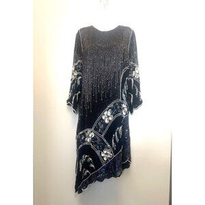 Vintage Black Beaded Sequin Dress With Floral Accents & Bell Sleeves